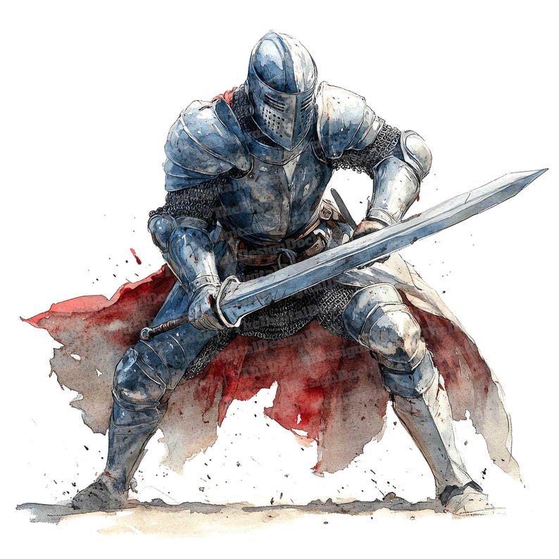 May include: A watercolor painting of a knight in full armor, holding a sword and wearing a red cape. The knight is in a fighting stance, with his sword raised.