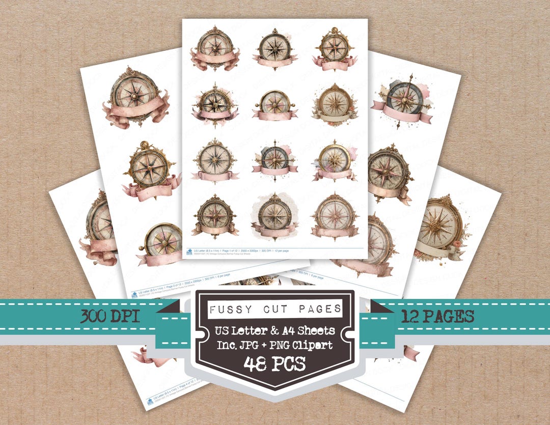Vintage Compass Banner Fussy Cut Sheets, 12x Printable Pages, Junk ...