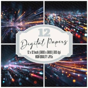 Puede incluir: Una impresión de arte digital con cuatro imágenes abstractas de rayas de luz en tonos azules, naranjas y blancos. Una etiqueta central dice "12 Digital Papers" e incluye dimensiones e información de resolución.