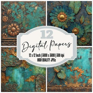 12x Patina Copper Fade Junk Journal Paper Digital Paper Pack Distressed Floral Texture Backgrounds Printable Ephemera Scrapbook Paper JPGs