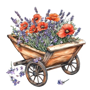 Wheelbarrow PNG Clipart, 12x Floral Garden Cart Clip Art Set, Printable Watercolor Clip Art, Paper Crafts, Digital Download, Transparent PNG