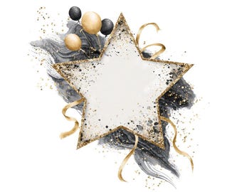 Star Balloon PNG Clipart, 12x Gold Star Frame Art, Printable Celebration Art, Black and Gold Balloon Art, Transparent PNG, Digital Download