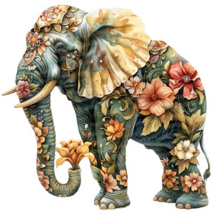 12 imágenes prediseñadas de elefantes florales, imágenes prediseñadas de animales bohemios, imágenes prediseñadas de acuarela imprimibles, manualidades de papel, arte mural, descarga digital, revistas basura