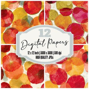 Puede incluir: Una colección de 12 papeles digitales con patrones circulares estilo acuarela en tonos rojos, naranjas, amarillos y dorados. Una etiqueta central muestra el texto 12 Digital Papers, 12 x 12 Inch | 3600 x 3600 | 300 dpi, HIGH QUALITY JPGs.