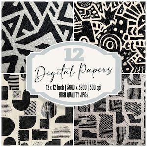 12x linoleumsnitt, textur, skräpjournalpapper, abstrakt geometriskt blocktryck, digitalt papperspaket, svart bläckmönster, scrapbook, högkvalitativa JPG-filer