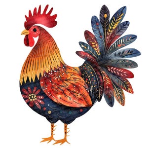 Rooster PNG Clip Art, 12x Folk Art Rooster Clipart Set, Printable Watercolor Clip Art, Paper Crafts, JPG Digital Download, Transparent PNG
