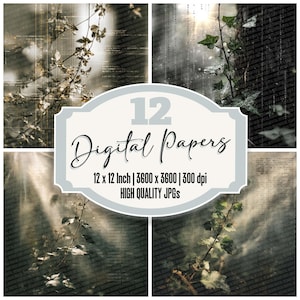 Könnte beinhalten: Digitale Kunstkomposition in vier Feldern mit Vintage-Ästhetik. Jedes Feld zeigt einen strukturierten Hintergrund mit botanischen Elementen und Lichteffekten. Ein zentrales Etikett, hellblau und weiß, zeigt "12 Digital Papers".