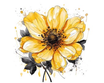 Yellow Flower Clipart, 12x Abstract Floral Watercolor Art Set, Printable Digital Download, Transparent PNG for Crafts, DIY, and Scrapbooking