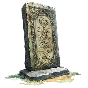 May include: A weathered stone monument with a Celtic knot design and carved symbols. The stone is a light grey colour with green and brown accents.