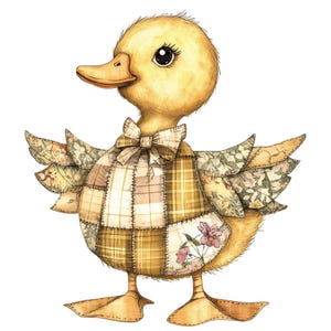 Puede incluir: Una encantadora ilustración de un patito amarillo con un chaleco y pajarita de patchwork. El patito tiene ojos grandes y expresivos y alas detalladas. El chaleco presenta un patrón de cuadros y flores, creando una estética caprichosa y vintage.