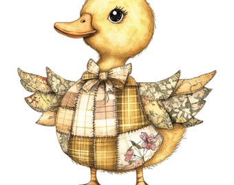 Fabric Duckling Clip Art, 12x Gingham Patchwork Ducks PNG Clip Art Set, Printable Watercolor Clip Art, Digital Download, Transparent PNG