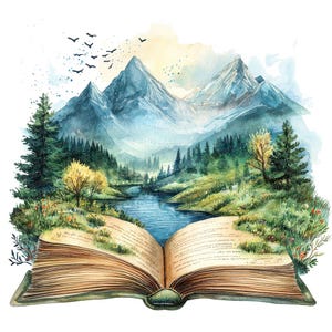 Livre de contes enchanté PNG Clipart, 12 x aquarelle livre ouvert paysage Clip Art Set, imprimable Fantasy Nature Scene, téléchargement numérique