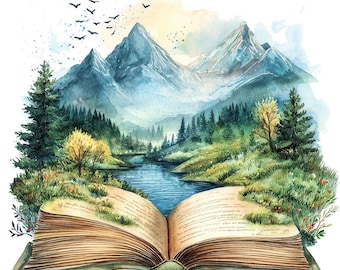 Enchanted Storybook PNG Clipart, 12x Watercolor Open Book Landscape Clip Art Set, Printable Fantasy Nature Scene, Digital Download