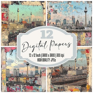 May include: A set of 12 digital papers featuring a cityscape with a tall tower in the background. The papers have a distressed, vintage look with a grunge aesthetic. The papers are 30.5 cm by 30.5 cm and 300 dpi.