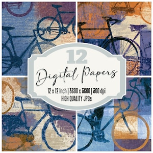 May include: A collection of digital papers with bicycle designs in blue, orange, and purple hues. The image displays the text "12 Digital Papers", with dimensions of 30.48 x 30.48 cm and a resolution of 3600 x 3600 pixels.