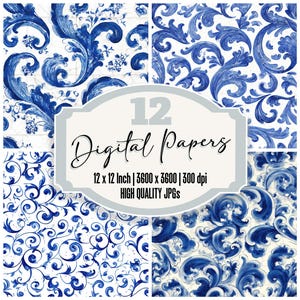 May include: A set of 12 digital papers showcasing detailed blue and white floral designs. Each paper is 30.48 cm x 30.48 cm and of high quality. The image includes text that reads "Digital Papers".