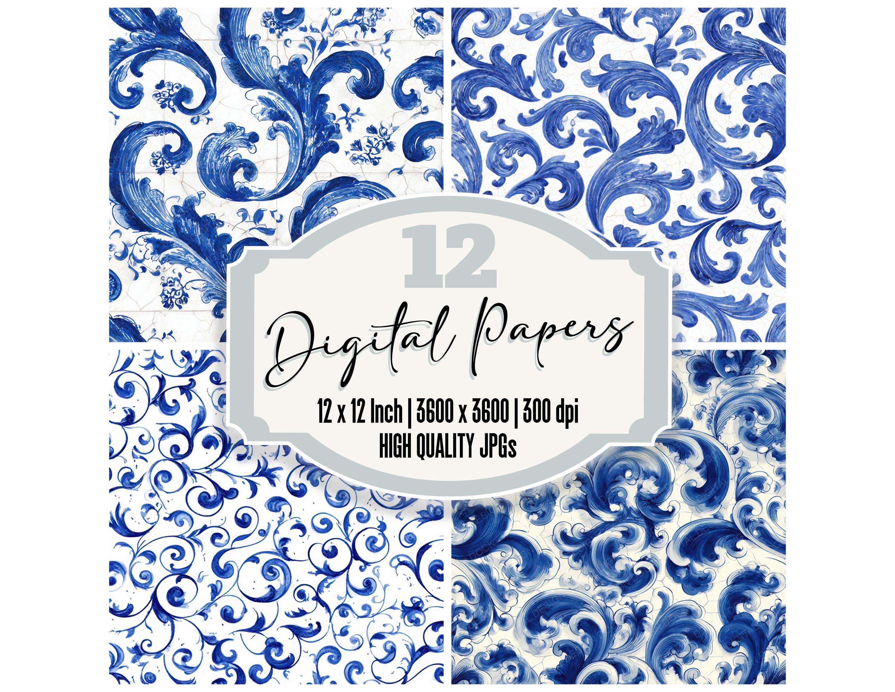 12 Delft Blue Scroll Digital Paper Ornamental Pattern Junk Journal ...