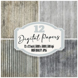 Pode incluir: Imagem digital com quatro painéis de fundos texturizados de metal ondulado em tons de cinza e marrom. A imagem inclui um rótulo central com o texto "12 Digital Papers" e detalhes sobre o tamanho e a resolução do papel.