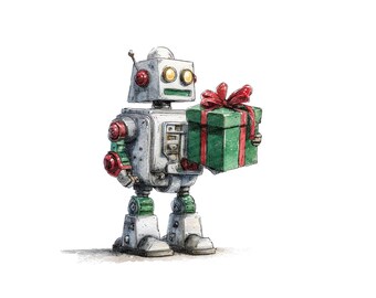 Watercolor Retro Robot Clipart, 12x Christmas Robot with Gifts PNG/JPG, Printable Clip Art, Digital Download, Transparent Background