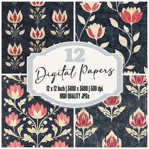 12x Folklore Tulpen Muster Digitales Papier Marine Floral Junk Journal Papier Vintage Textur Hohe Qualität JPGs Scrapbook Papier Digitaler Download