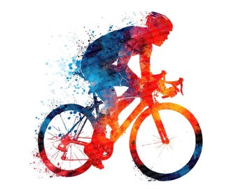 May include: Watercolor painting of a cyclist on a road bike. The cyclist and bike are rendered in shades of blue, red, and orange, with a splatter effect. The image is set against a white background.