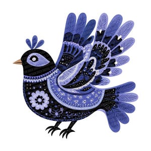 May include: A detailed illustration of a bird in shades of blue, black, and white, featuring intricate patterns. The bird has a decorative crest and a floral design on its body and wings. The artwork is set against a plain white background.