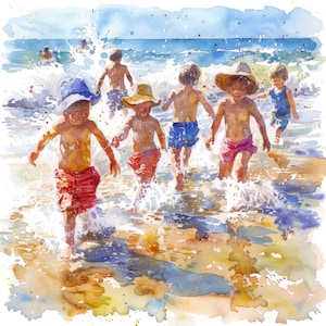 12 imágenes prediseñadas de niños jugando en la playa, imágenes prediseñadas de playa en formato JPG, imágenes prediseñadas de acuarela imprimibles, arte mural, descarga digital instantánea, diario basura