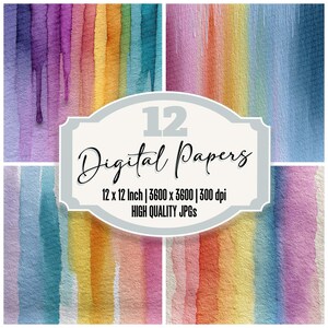 May include: A collection of 12 digital papers with watercolor textures in various colors, including purple, blue, yellow, and orange. The papers are 12 x 12 inches and 3600 x 3600 pixels, with a resolution of 300 dpi. The text on the image says "Digital Papers".
