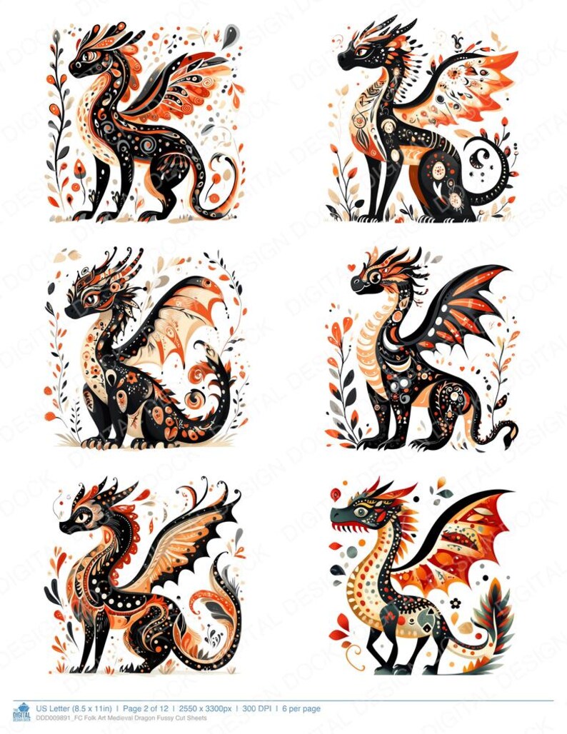 Folk Art Medieval Dragon Fussy Cut Sheets, 12x Printable Pages, Junk ...