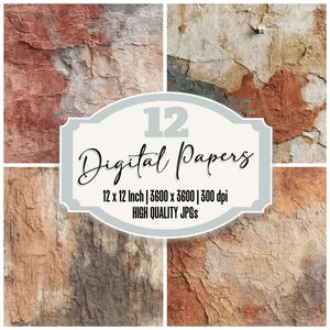 May include: A digital art collection featuring 12 high-quality JPGs. The image showcases four textured backgrounds with a weathered, aged appearance in shades of red, brown, and beige. The text on the image reads "12 Digital Papers, 12 x 12 Inch | 3600 x 3600 | 300 dpi, HIGH QUALITY JPGs."