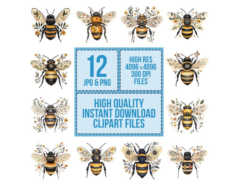 May include: A collection of twelve watercolor bee illustrations with floral accents. The bees are in various poses, with detailed wings and body markings. The image includes text that says "12 JPG & PNG" and "HIGH QUALITY INSTANT DOWNLOAD CLIPART FILES".