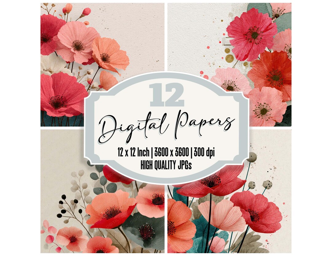 12x Poppy Floral Junk Journal Paper Vintage Botanical Digital Paper ...