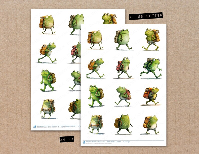 Frog Wearing Backpack Fussy Cut Sheets, 12x Printable Adventure Pages ...