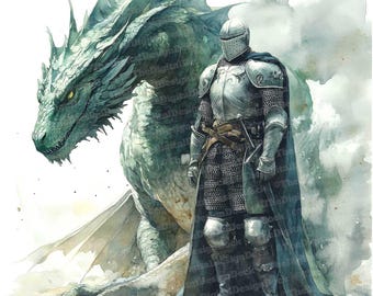 12 Knight and Dragon Clipart, Medieval Fantasy Clipart, Printable Watercolor Clipart, Paper Crafts, Wall Art, Digital Download,Junk Journals