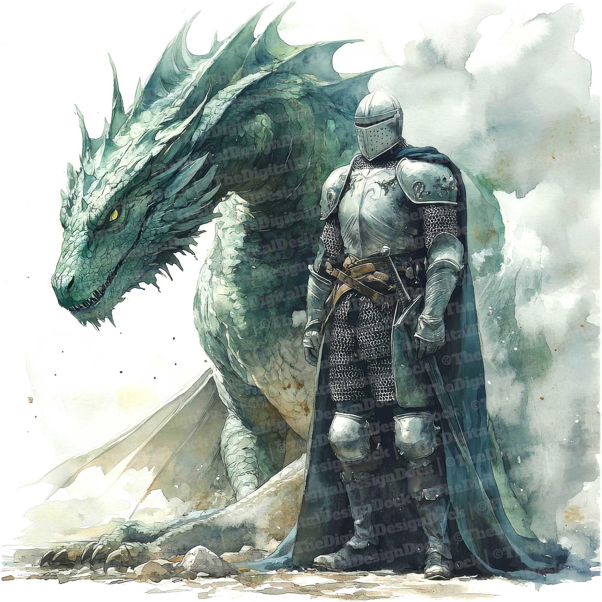 12 Knight and Dragon Clipart, Medieval Fantasy Clipart, Printable 