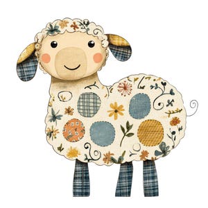 May include: A charming illustration of a sheep with a cream-coloured body decorated with floral and plaid patches. The sheep has a smiling face, pink cheeks, and plaid ears and legs. The design has a soft and inviting feel.