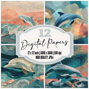 12x Delphin Junk Journal Papier Ozean Collage Digitales Papier Pack Fragmentierte Wellen Hochwertige JPGs Distressed Texture Scrapbook Papier