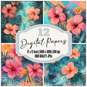 12x Neon Hibiscus Wave Junk Journal Paper Floral Backgrounds Tropical Design High Quality JPGs Printable Paper Digital Download