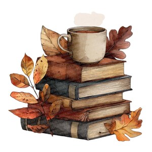 K&ouml;nnte beinhalten: Aquarellillustration eines B&uuml;cherstapels mit einer Tasse Tee und Herbstbl&auml;ttern. Die B&uuml;cher sind braun und grau, die Bl&auml;tter in Orange, Gelb und Rot. Ein gem&uuml;tliches Herbstthema.
