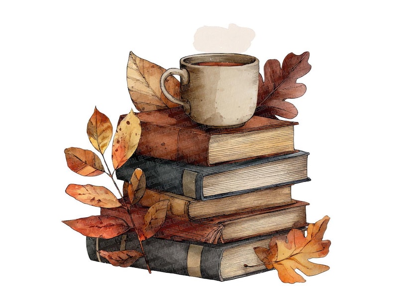 K&ouml;nnte beinhalten: Aquarellillustration eines B&uuml;cherstapels mit einer Tasse Tee und Herbstbl&auml;ttern. Die B&uuml;cher sind braun und grau, die Bl&auml;tter in Orange, Gelb und Rot. Ein gem&uuml;tliches Herbstthema.