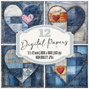 12x Denim Heart Junk Journal Paper Patchwork Love Digital Paper Pack Rustic Fabric Textures High Quality JPGs Scrapbook Download