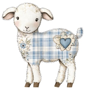 Fabric Lamb Clip Art, 12x Tartan Lamb with Heart PNG Clip Art Set, Printable Watercolor Clip Art, Digital Download, Transparent PNG