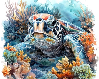 May include: A watercolour painting of a sea turtle swimming in a coral reef. The turtle is green, blue and orange with a detailed shell. The coral is a variety of colours, including orange, yellow and blue.
