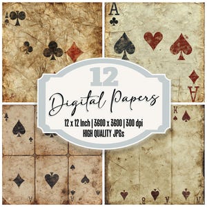 12x Vintage Playing Card Junk Journal Paper, Distressed Digital Paper Pack, Aged Grunge Texture, Scrapbook Paper, High Quality JPGs