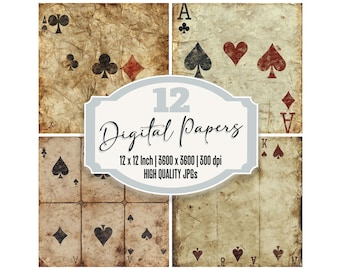 12x Vintage Playing Card Junk Journal Paper, Distressed Digital Paper Pack, Aged Grunge Texture, Scrapbook Paper, High Quality JPGs XYZ