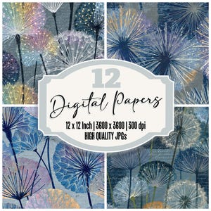 May include: A collage of 12 digital papers featuring dandelion designs in shades of blue, purple, and gold. The papers are 12 x 12 inches and have a resolution of 3600 x 3600 pixels at 300 dpi. The text on the image reads "12 Digital Papers".