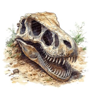Cráneo de T-Rex PNG Clipart, juego de 12 imágenes prediseñadas de fósiles de dinosaurio, imágenes prediseñadas de acuarela imprimibles, manualidades de papel, descarga digital, paquete de diario basura