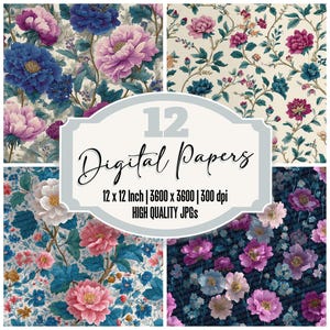 May include: A collection of four digital paper designs with floral patterns. The designs showcase flowers in blue, pink, and white. The central text reads "12 Digital Papers", with size and quality details. Each paper is 12 x 12 inches (30.48 x 30.48 cm).