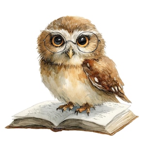 May include: Watercolor illustration of a brown owl wearing round glasses, perched atop an open book. The owl has large, expressive eyes and detailed feather textures. The book's pages are aged, suggesting a vintage or scholarly theme.