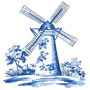 Puede incluir: Una ilustraci&oacute;n azul y blanca de un molino de viento con un estanque y &aacute;rboles en primer plano. El molino de viento tiene un dise&ntilde;o tradicional con una torre alta y cuatro aspas.